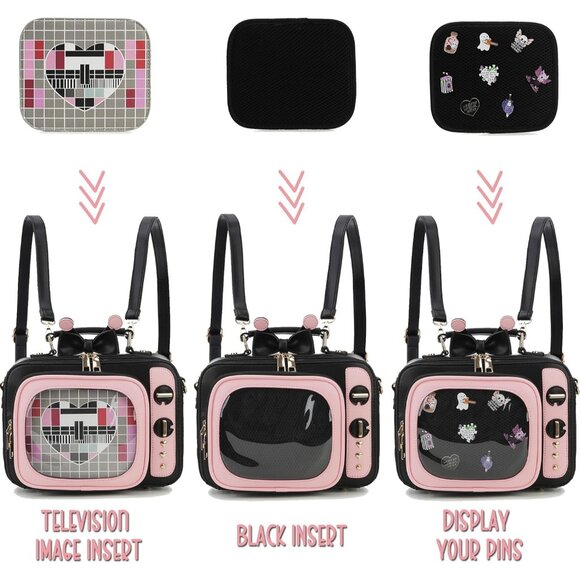 Retro TV Shaped Ita Backpack with Pin Display and Inserts Pink Crossbody Purse - Picture 4 of 9